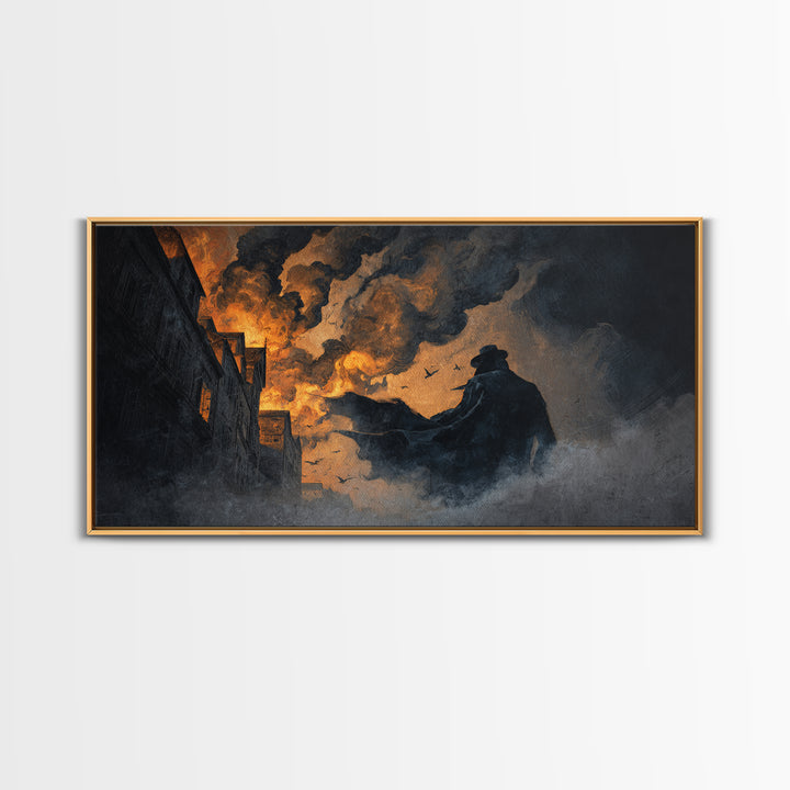 The Town Where Shadows Live, Apocalyptic Romantic Art, Wide Panoramic Art, Macabre Wall Art, Framed Canvas Print, Halloween Wall Art
