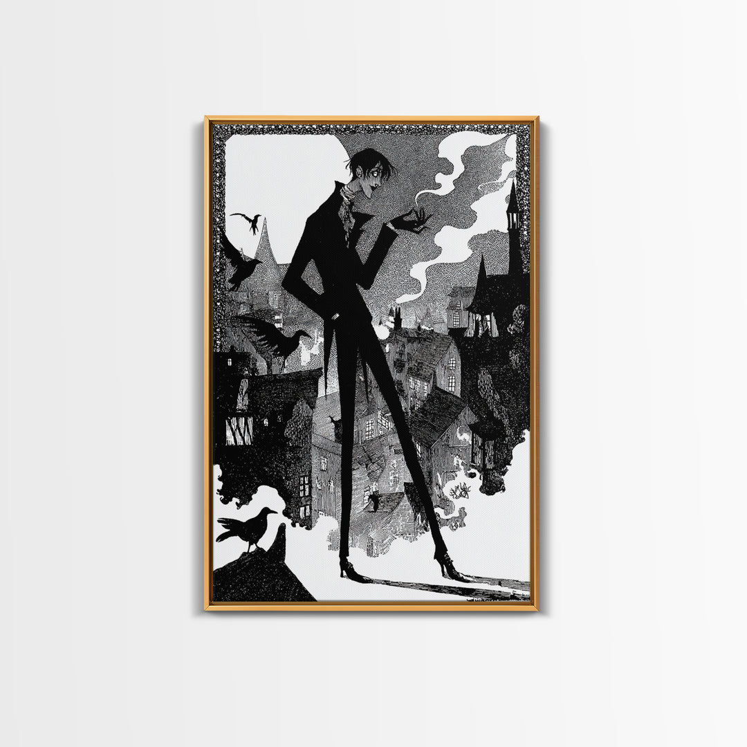 The Town Where Shadows Live, Decadent Line Art, Vertical Wall Art, Dark Halloween Decor, Framed Canvas Print, Halloween Wall Art