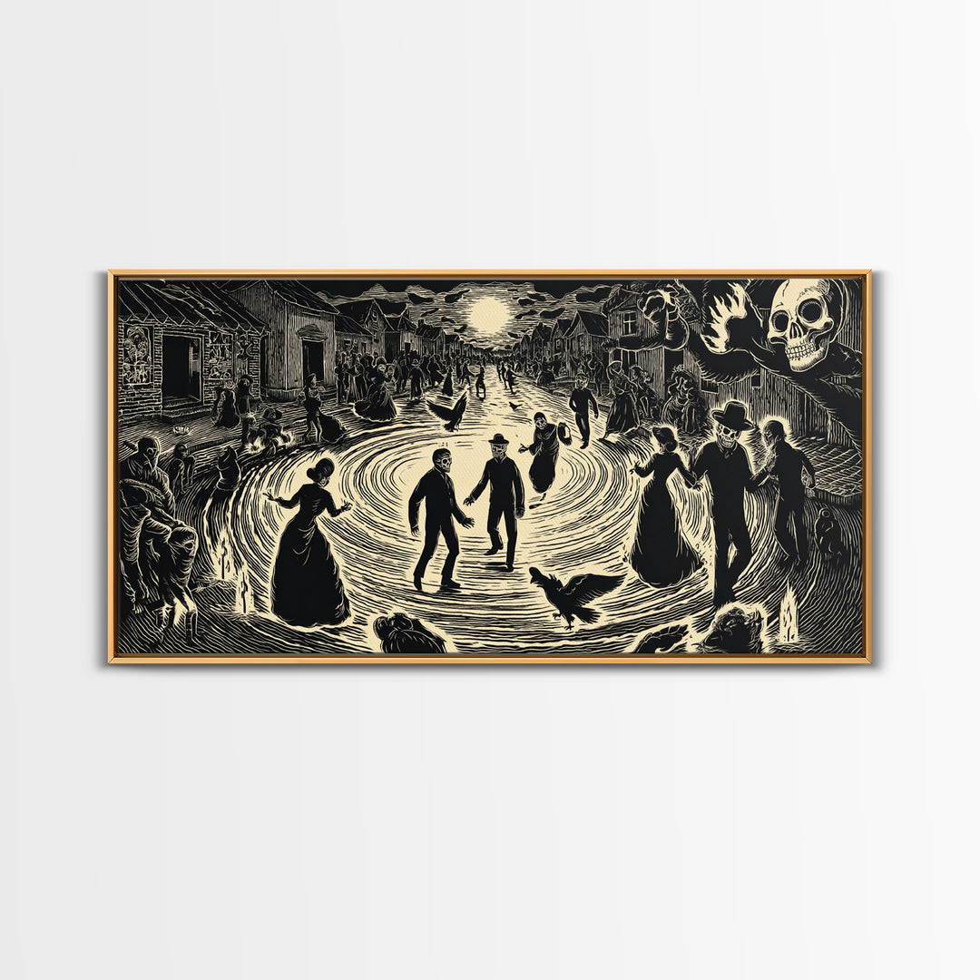 The Town Where Shadows Live, Macabre Folk Print Art, Wide Panoramic Art, Dark Fantasy Wall Art, Canvas Print, Halloween Wall Art