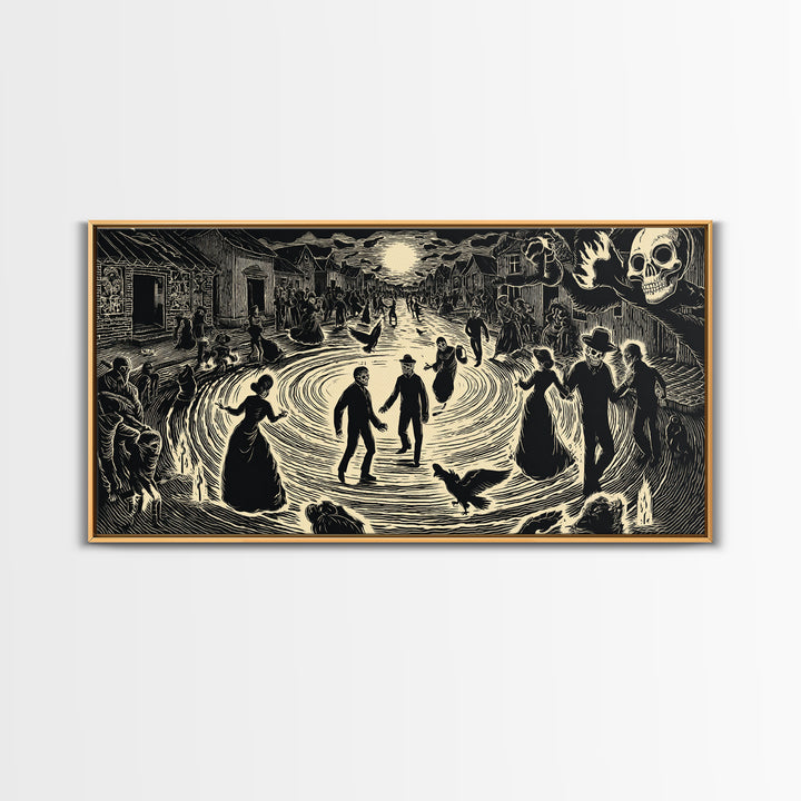 The Town Where Shadows Live, Macabre Folk Print Art, Wide Panoramic Art, Dark Fantasy Wall Art, Canvas Print, Halloween Wall Art