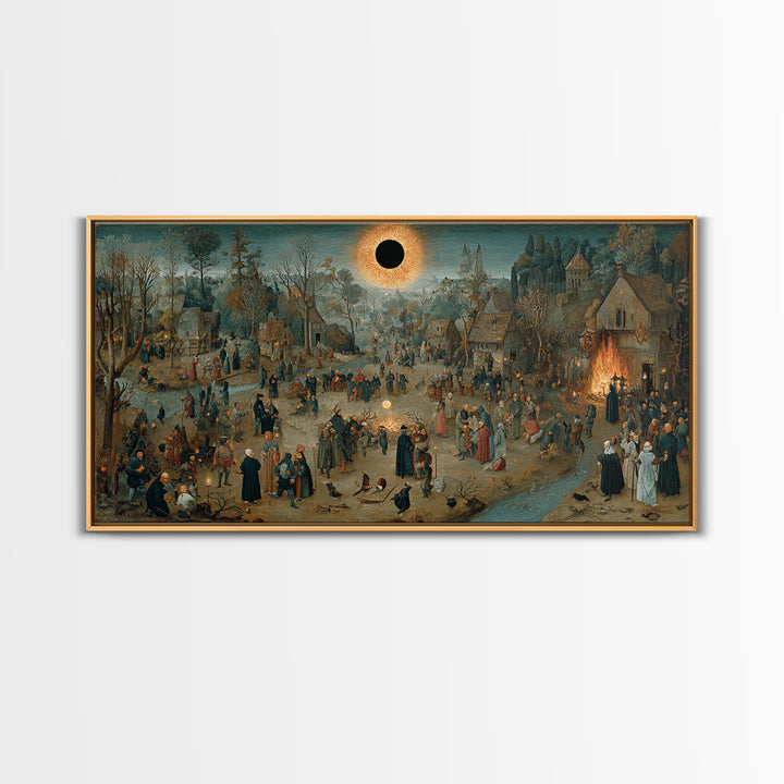 The Eclipse Summoning, Northern Renaissance Horror, Wide Panoramic Art, Dark Halloween Decor, Framed Canvas Print