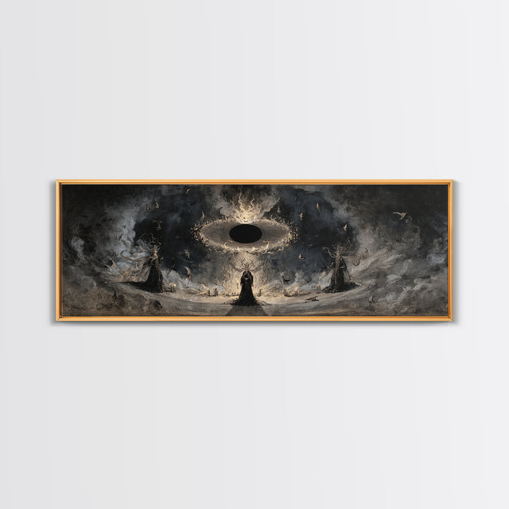 The Eclipse Summoning, Dark Romantic Horror Art, Extra Wide Wall Art, Dark Halloween Decor, Framed Canvas Print, Halloween Wall Art