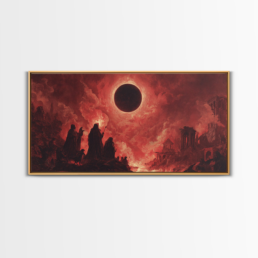 The Eclipse Summoning, Apocalyptic Romantic Art, Wide Panoramic Art, Dark Fantasy Wall Art, Framed Canvas Print, Halloween Wall Art