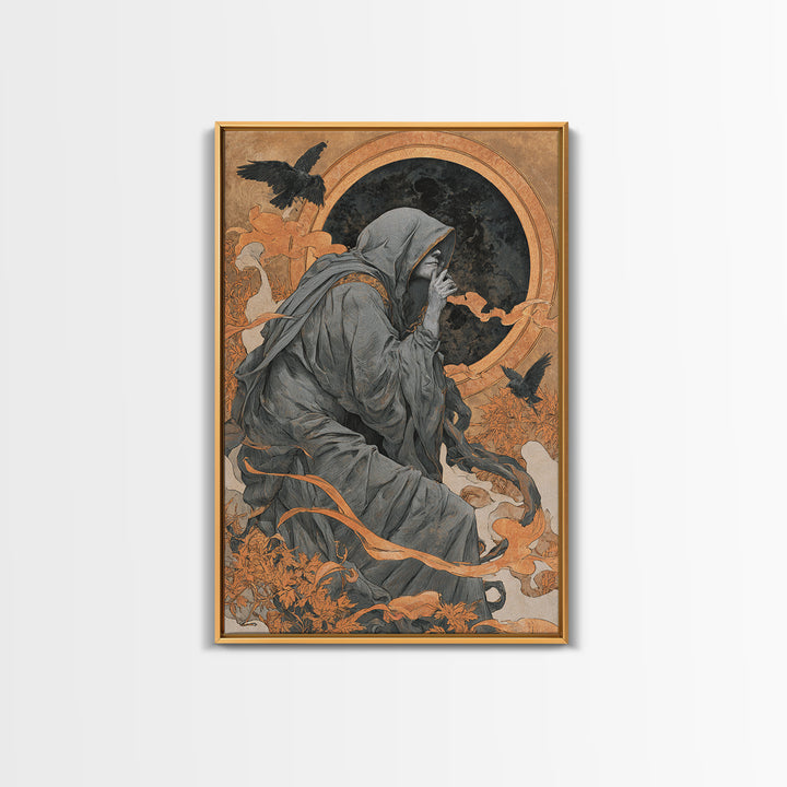 The Eclipse Summoning, Symbolist Death Art, Vertical Wall Art, Dark Fantasy Wall Art, Framed Canvas Print, Halloween Wall Art