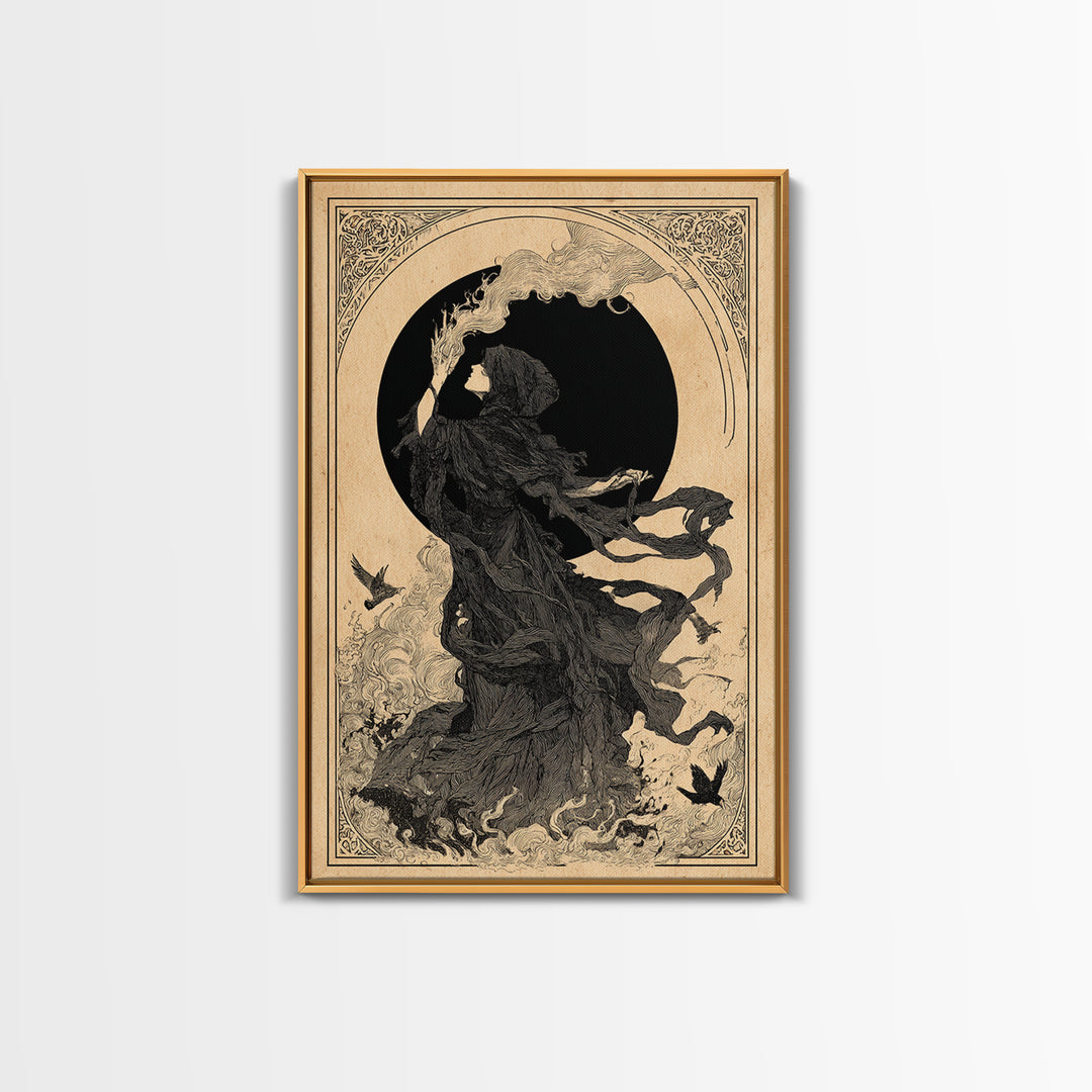 The Eclipse Summoning, Decadent Line Art, Vertical Wall Art, Macabre Wall Art, Framed Canvas Print, Halloween Wall Art