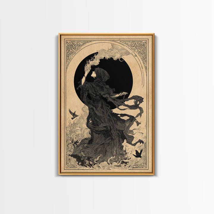 The Eclipse Summoning, Decadent Line Art, Vertical Wall Art, Macabre Wall Art, Framed Canvas Print, Halloween Wall Art