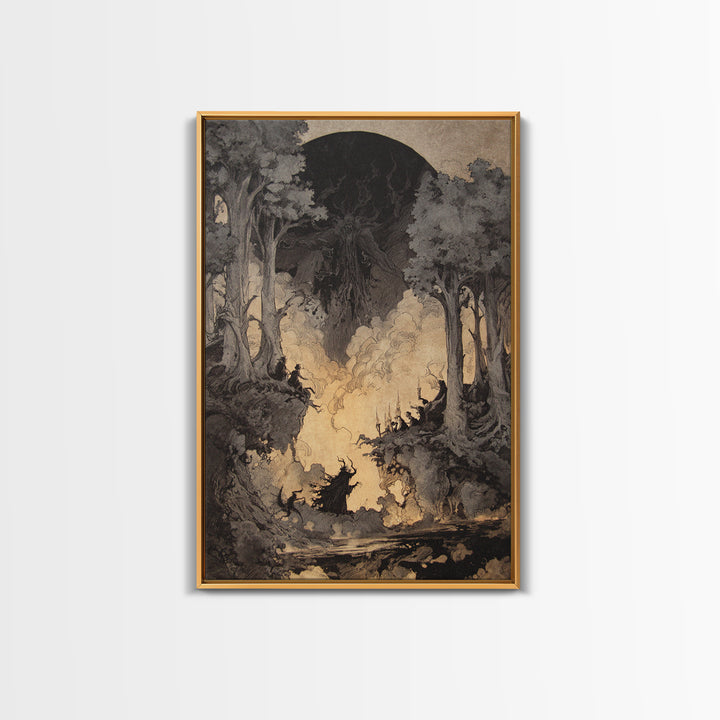The Eclipse Summoning, Gothic Storybook Art, Vertical Wall Art, Dark Halloween Decor, Framed Canvas Print, Halloween Wall Art
