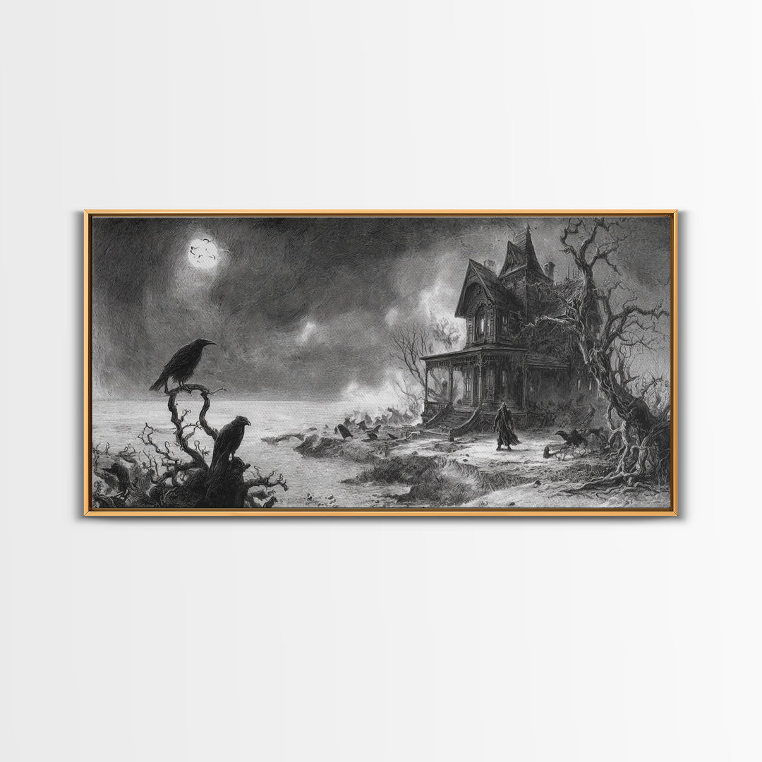 The Last House At The World'S Edge, Expressionist Nightmare Art, Wide Panoramic Art, Dark Halloween Decor, Framed Canvas Print