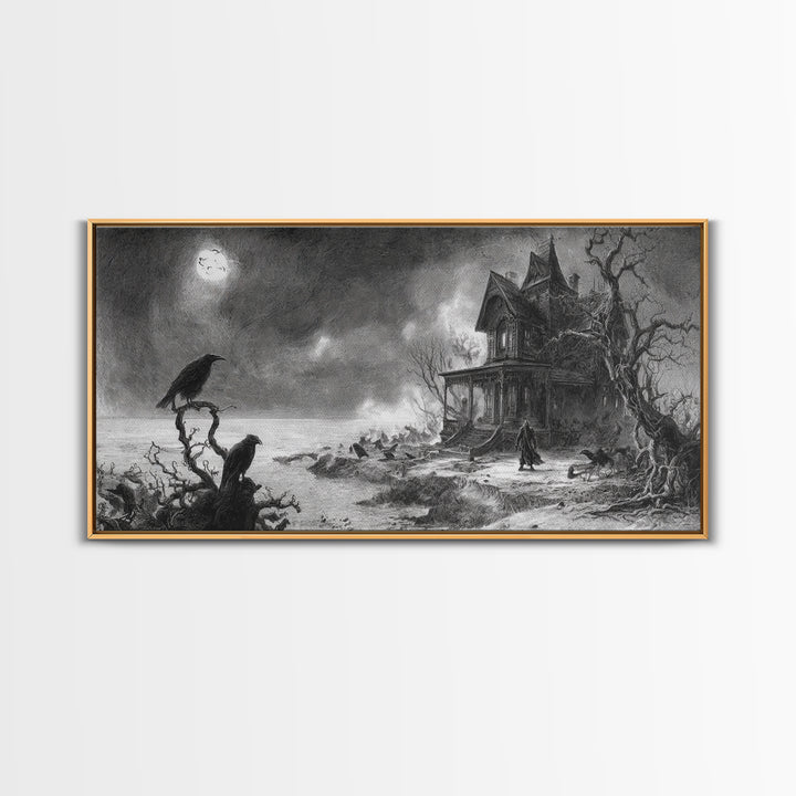 The Last House At The World'S Edge, Expressionist Nightmare Art, Wide Panoramic Art, Dark Halloween Decor, Framed Canvas Print