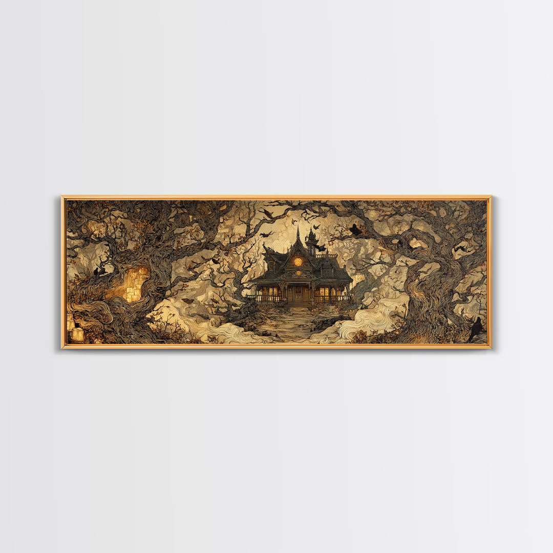 The Last House At The World'S Edge, Gothic Storybook Art, Extra Wide Wall Art, Gothic Horror Wall Art, Framed Canvas Print