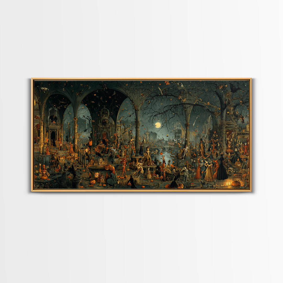 Halloween On Another Planet, Medieval Grotesque Art, Wide Panoramic Art, Gothic Horror Wall Art, Framed Canvas Print