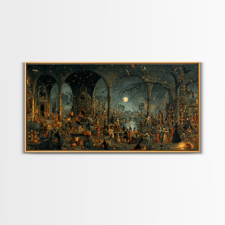 Halloween On Another Planet, Medieval Grotesque Art, Wide Panoramic Art, Gothic Horror Wall Art, Framed Canvas Print