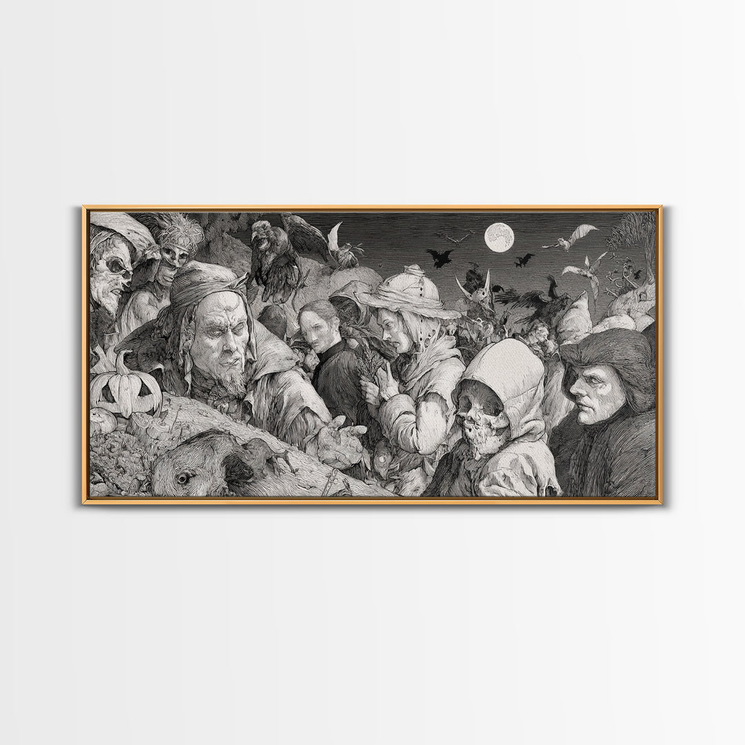 Halloween On Another Planet, Renaissance Engraving Art, Wide Panoramic Art, Dark Fantasy Wall Art, Framed Canvas Print, Halloween Wall Art