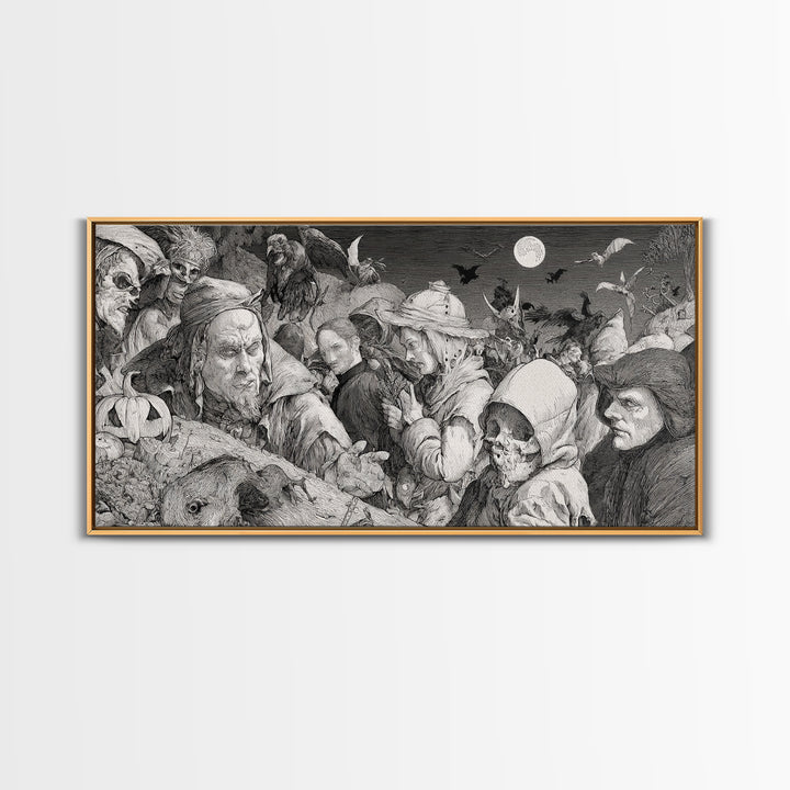 Halloween On Another Planet, Renaissance Engraving Art, Wide Panoramic Art, Dark Fantasy Wall Art, Framed Canvas Print, Halloween Wall Art