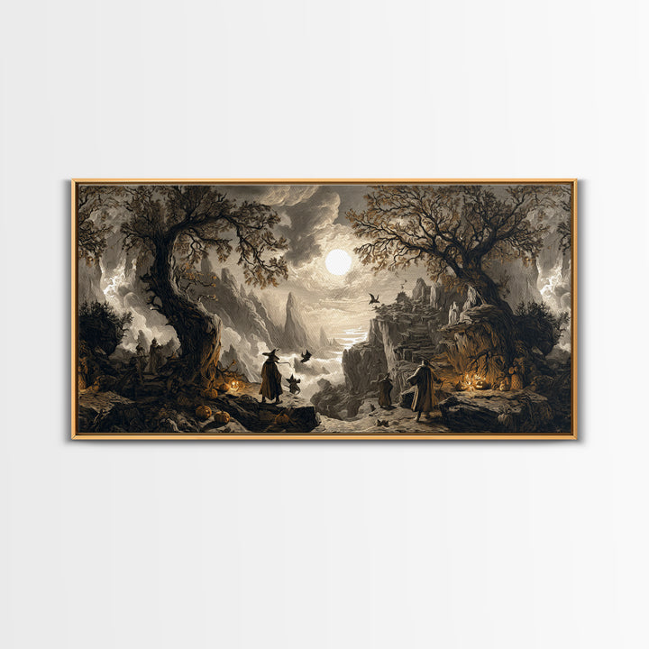 Halloween On Another Planet, Baroque Witchcraft Art, Wide Panoramic Art, Gothic Horror Wall Art, Framed Canvas Print, Halloween Wall Art