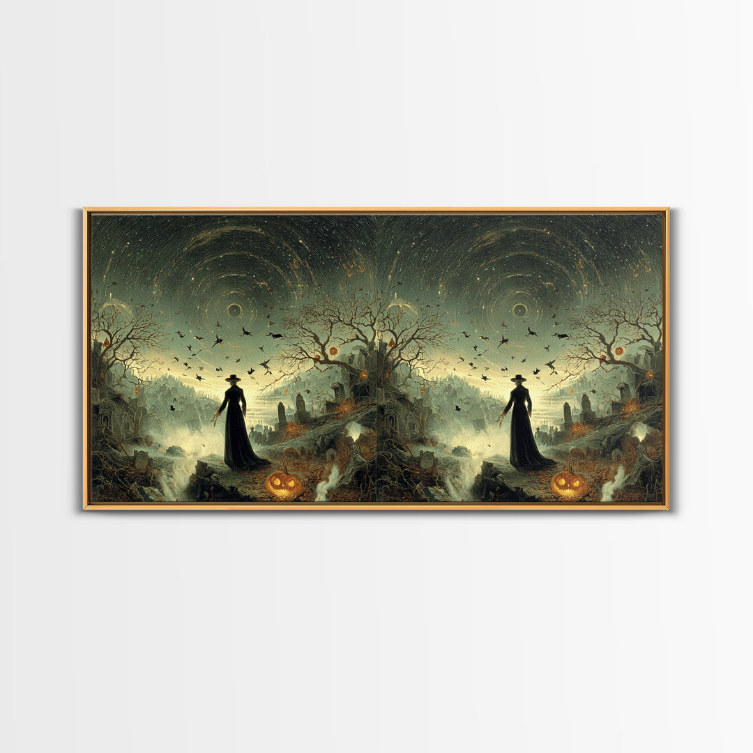 Halloween On Another Planet, Romantic Gothic Landscape, Wide Panoramic Art, Dark Fantasy Wall Art, Framed Canvas Print
