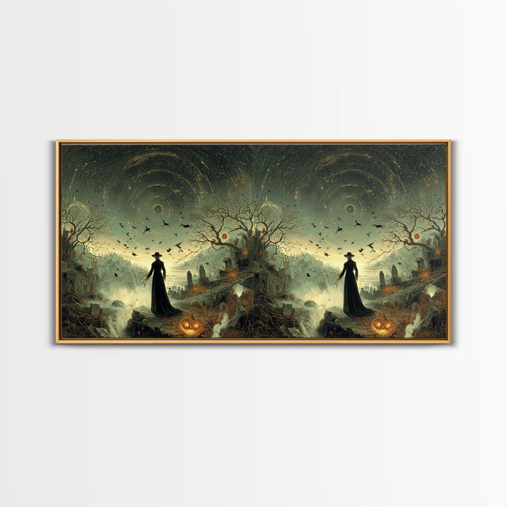 Halloween On Another Planet, Romantic Gothic Landscape, Wide Panoramic Art, Dark Fantasy Wall Art, Framed Canvas Print