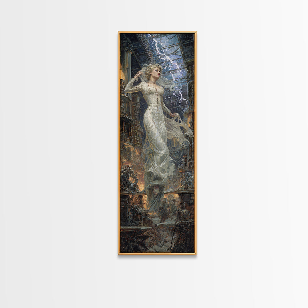 The Stitched Bride Of Thunder Hall, Gothic Engraving Art, Tall Narrow Wall Art, Dark Fantasy Wall Art, Canvas Print, Halloween Wall Art