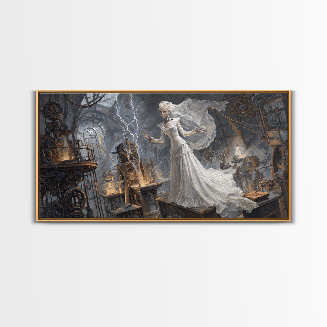 The Stitched Bride Of Thunder Hall, Apocalyptic Romantic Art, Wide Panoramic Art, Dark Fantasy Wall Art, Framed Canvas Print