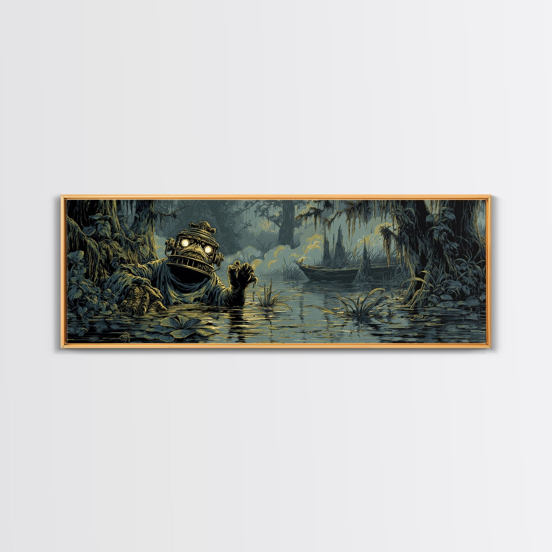 The Creature Of Lantern Lagoon, Gothic Engraving Art, Extra Wide Wall Art, Dark Halloween Decor, Framed Canvas Print