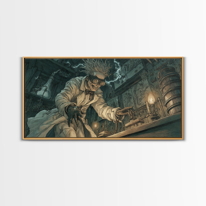 Doctor Vesper'S Resurrection Engine, Expressionist Nightmare Art, Wide Panoramic Art, Gothic Horror Wall Art, Framed Canvas Print