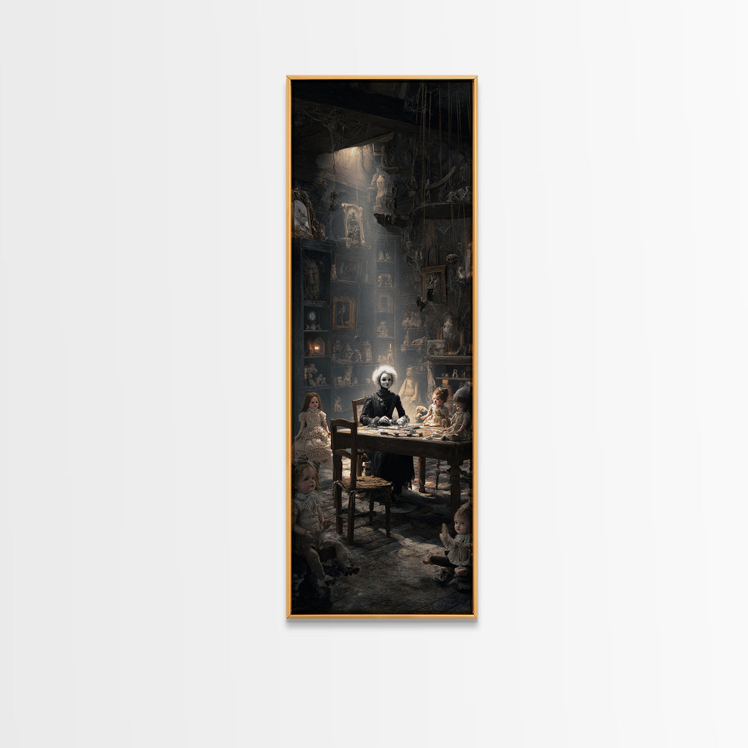 The Dollmaker Of Hollow Ward, Gothic Engraving Art, Tall Narrow Wall Art, Macabre Wall Art, Framed Canvas Print, Halloween Wall Art