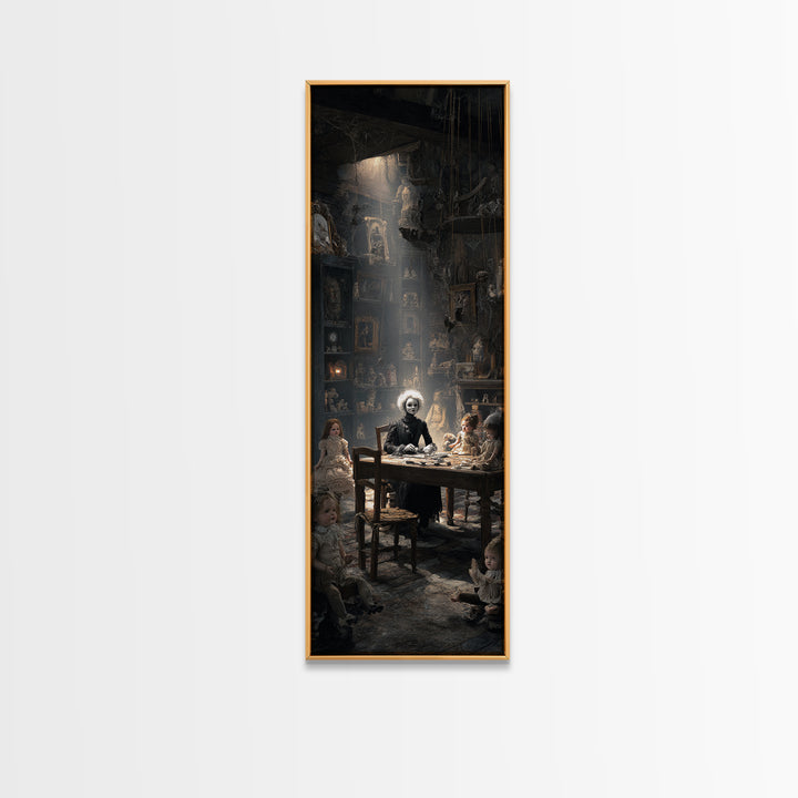 The Dollmaker Of Hollow Ward, Gothic Engraving Art, Tall Narrow Wall Art, Macabre Wall Art, Framed Canvas Print, Halloween Wall Art