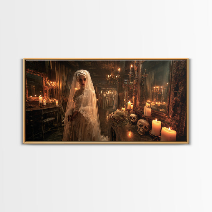 The Wax Bride Of Mourning Hall, Grotesque Carnival Art, Wide Panoramic Art, Gothic Horror Wall Art, Canvas Print, Halloween Wall Art