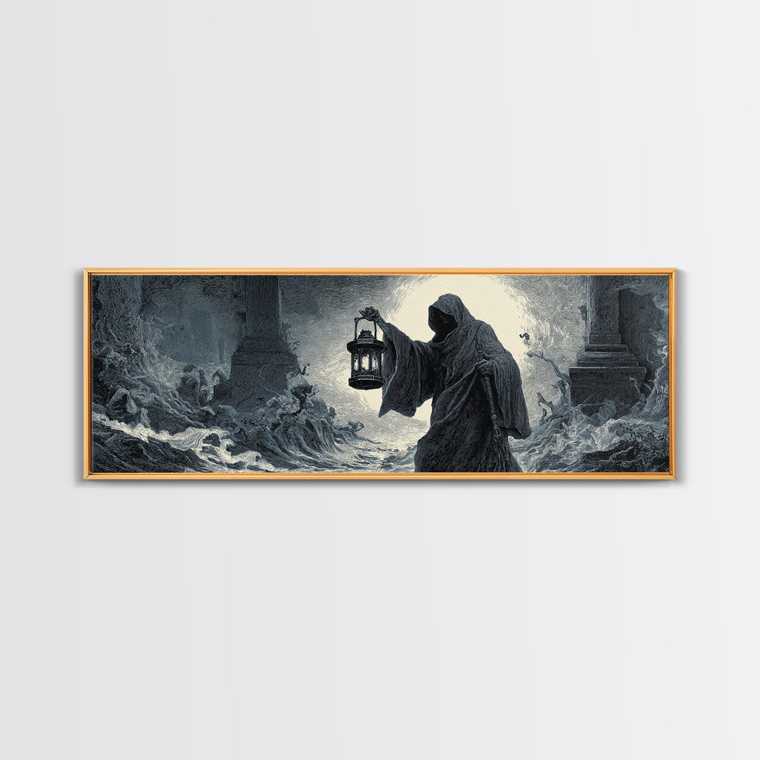 The Lantern-Bearer Of R’Lyeh, Gothic Engraving Art, Extra Wide Wall Art, Dark Fantasy Wall Art, Canvas Print, Halloween Wall Art