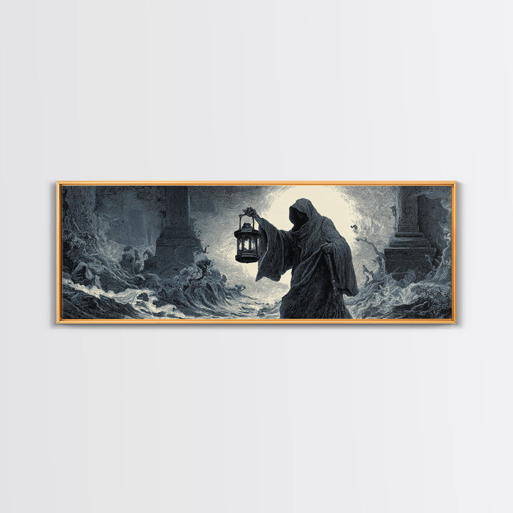 The Lantern-Bearer Of R’Lyeh, Gothic Engraving Art, Extra Wide Wall Art, Dark Fantasy Wall Art, Canvas Print, Halloween Wall Art