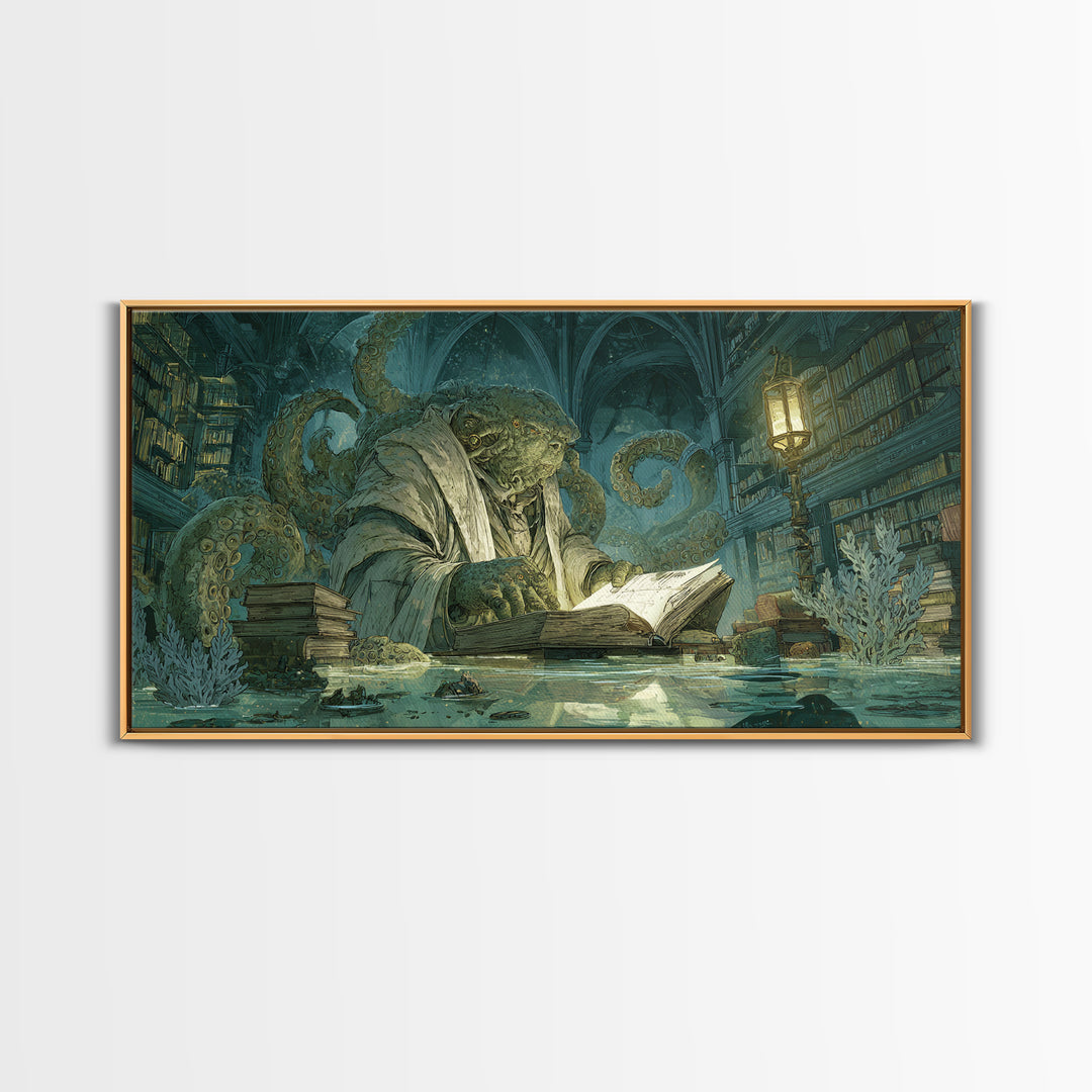 The Librarian Of Forbidden Tides, Expressionist Nightmare Art, Wide Panoramic Art, Macabre Wall Art, Canvas Print, Halloween Wall Art