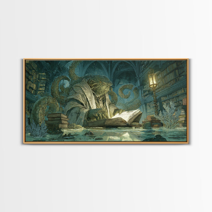 The Librarian Of Forbidden Tides, Expressionist Nightmare Art, Wide Panoramic Art, Macabre Wall Art, Canvas Print, Halloween Wall Art