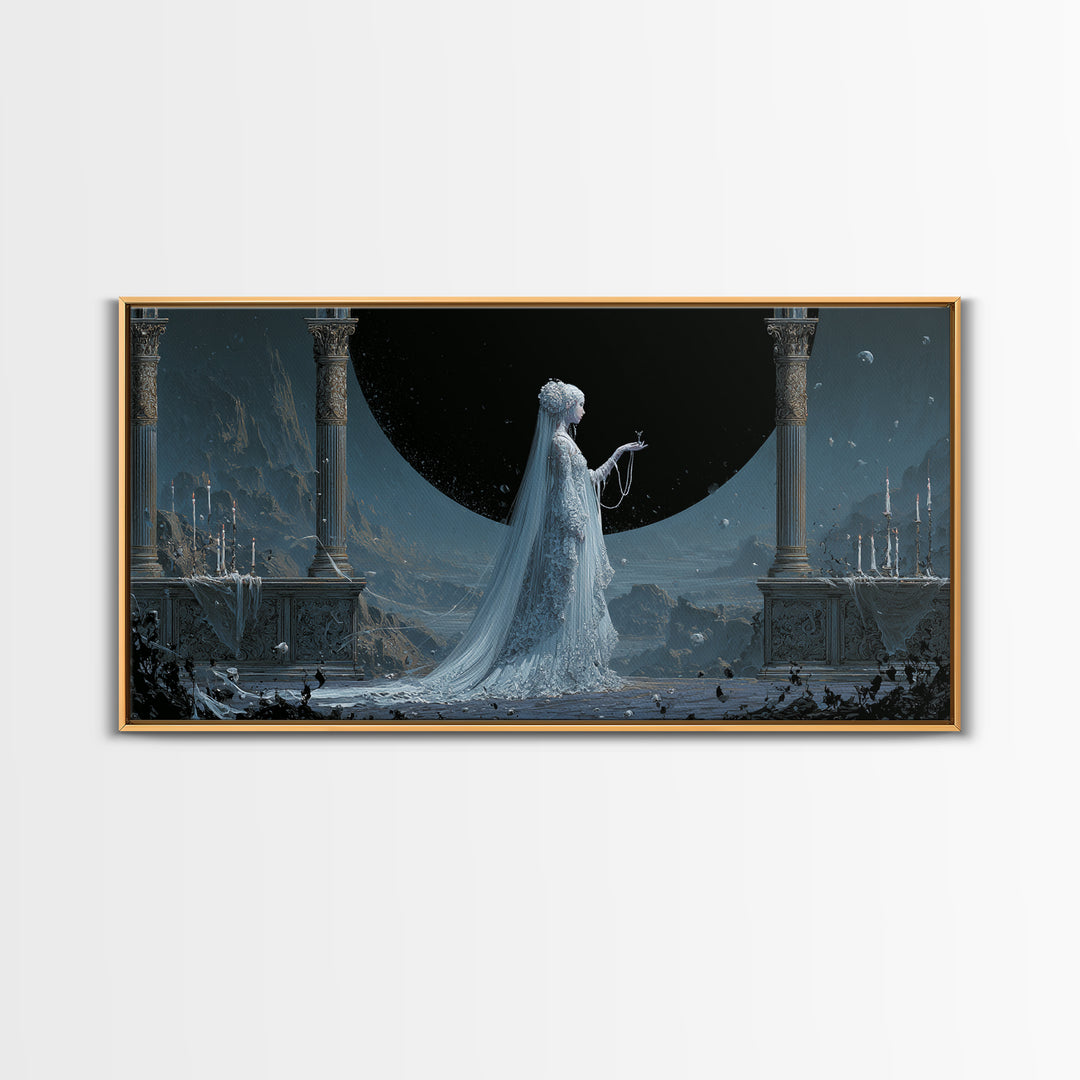 The Bride Of The Abyssal Moon, Apocalyptic Romantic Art, Wide Panoramic Art, Cosmic Horror Art, Canvas Print, Halloween Wall Art