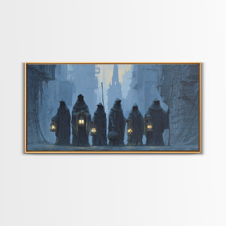 The Innsmouth Lantern Procession, Gothic Engraving Art, Wide Panoramic Art, Gothic Horror Wall Art, Canvas Print, Halloween Wall Art