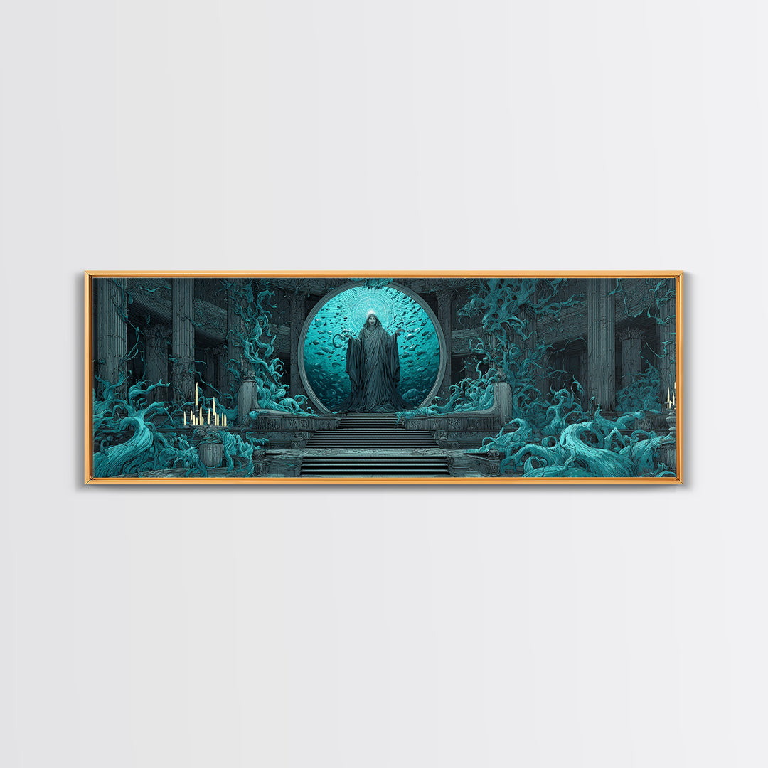 The Oracle Of The Glass Depths, Gothic Storybook Art, Extra Wide Wall Art, Eldritch Wall Decor, Framed Canvas Print, Horror Wall Art
