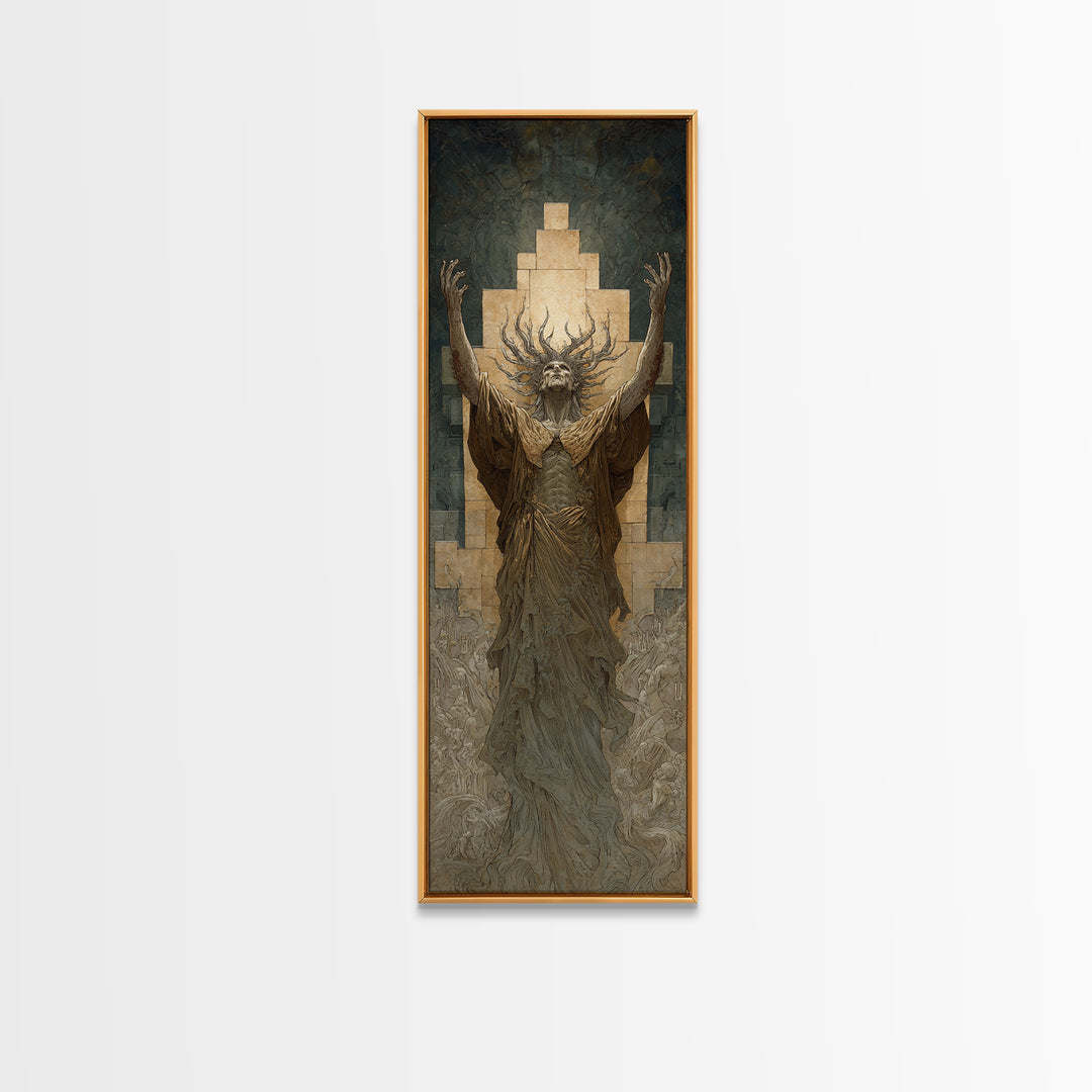 The Crown Of The Tentacled Saint, Gothic Engraving Art, Tall Narrow Wall Art, Eldritch Wall Decor, Framed Canvas Print