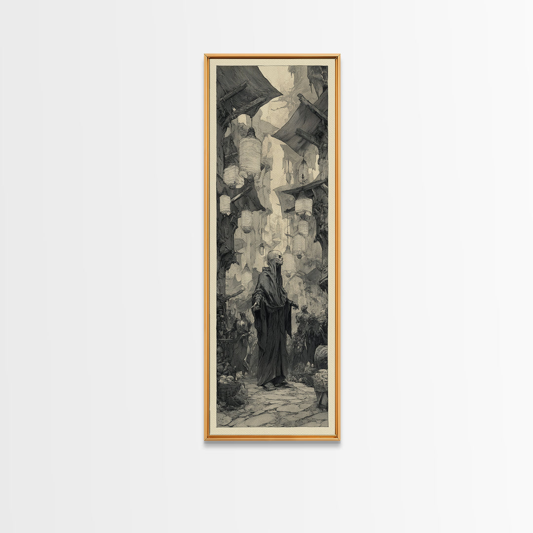 The Lantern Market Beyond The Veil, Expressionist Nightmare Art, Tall Narrow Wall Art, Dark Halloween Decor, Framed Canvas Print