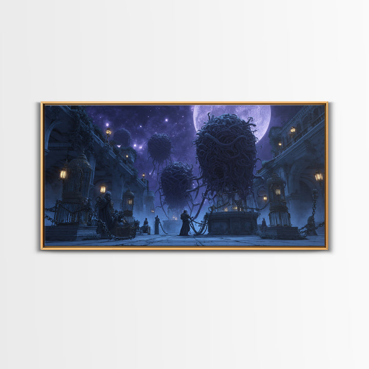 The Moonlit Shoggoth Menagerie, Apocalyptic Romantic Art, Wide Panoramic Art, Lovecraftian Horror Art, Framed Canvas Print, Horror Wall Art