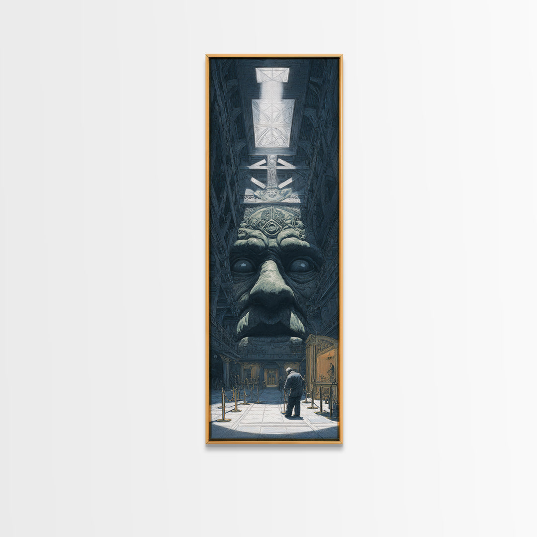 The Custodian Of The Whispering Idol, Gothic Engraving Art, Tall Narrow Wall Art, Eldritch Wall Decor, Framed Canvas Print
