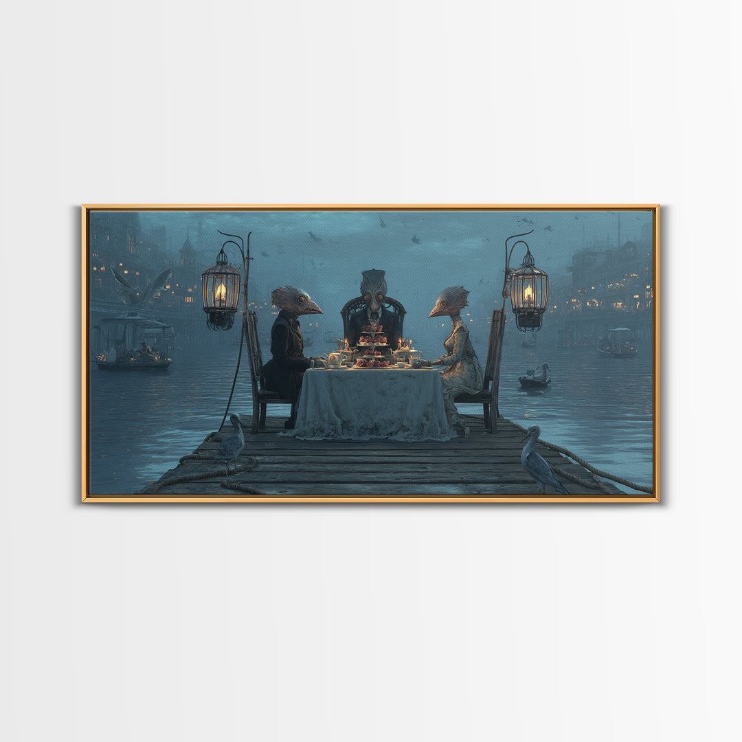 The Tea Party At Innsmouth Pier, Grotesque Carnival Art, Wide Panoramic Art, Dark Fantasy Wall Art, Canvas Print, Halloween Wall Art