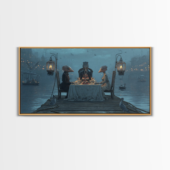 The Tea Party At Innsmouth Pier, Grotesque Carnival Art, Wide Panoramic Art, Dark Fantasy Wall Art, Canvas Print, Halloween Wall Art