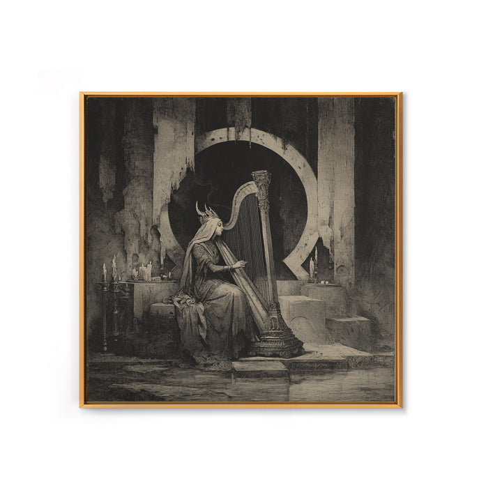 The Harpist Of Abyssal Sleep, Symbolist Dream Art, Square Wall Art, Dark Halloween Decor, Framed Canvas Print, Halloween Wall Art