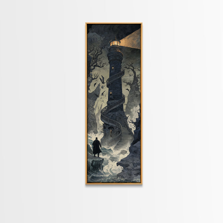 The Last Lighthouse Of Y’Ha-Nthlei, Symbolist Gothic Landscape, Tall Narrow Wall Art, Cosmic Horror Art, Canvas Print, Halloween Wall Art