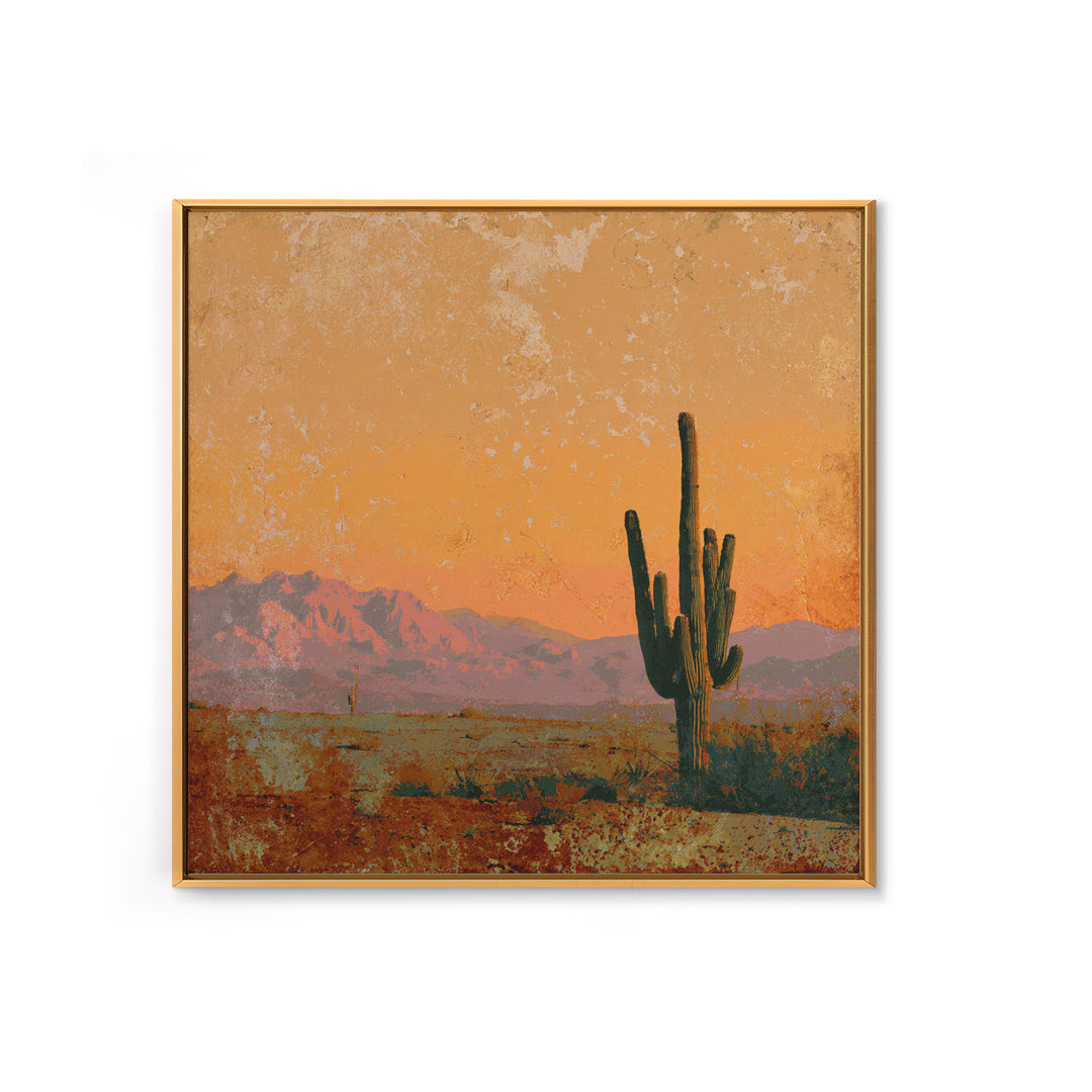 Saguaro Cactus under Orange Sunset Sky Framed Canvas Print, Desert Art, Textured Painting, Southwestern Decor, Fine Art, Desert, DES-1x1-1