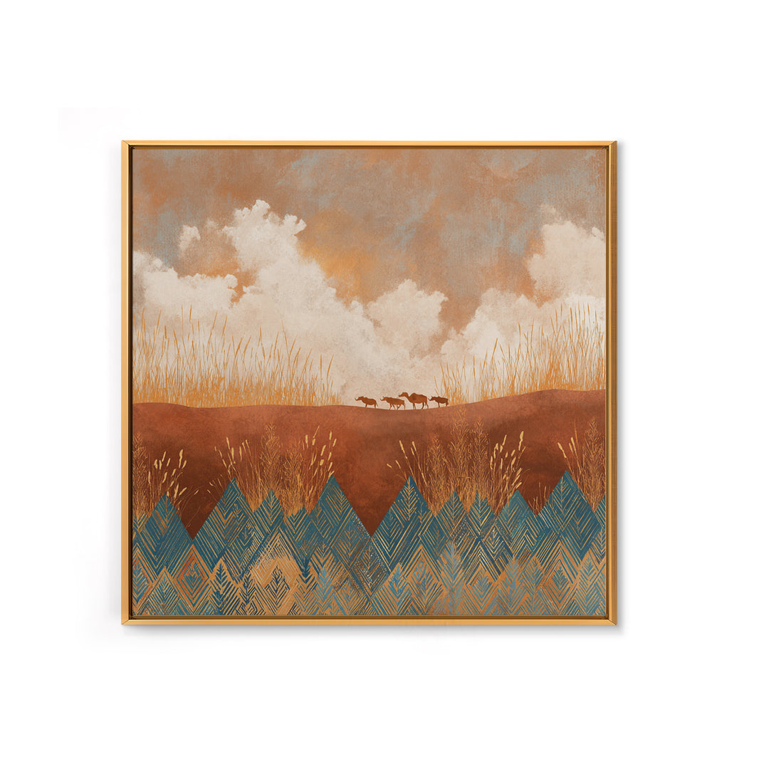 Saharan Dunes with Tiny Caravan Silhouettes Framed Canvas Print, Desert Art, Colorful Wall Art, Southwestern Decor, DES-1x1-2