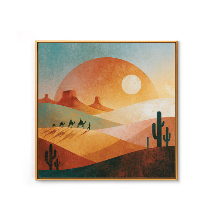 Saharan Dunes with Tiny Caravan Silhouettes Canvas Print, Desert Art, Neutral Decor, Southwestern Decor, Fine Art, Desert, DES-1x1-26