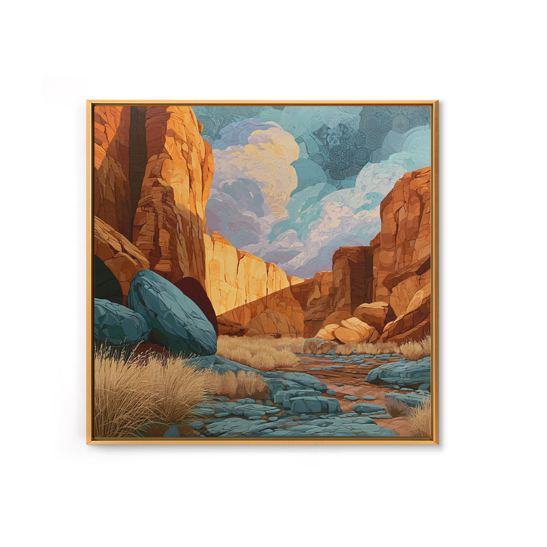 Sandstone Canyon with Dramatic Light Beam Framed Canvas Print, Desert Art, Textured Painting, Southwestern Decor, Desert, DES-1x1-40