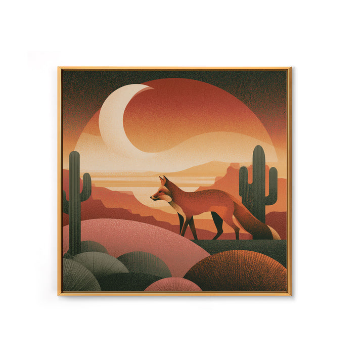 Desert Fox Beneath a Crescent Moon Framed Canvas Print, Desert Art, Wall Art, Southwestern Decor, Oil Painting, Desert, DES-1x1-41