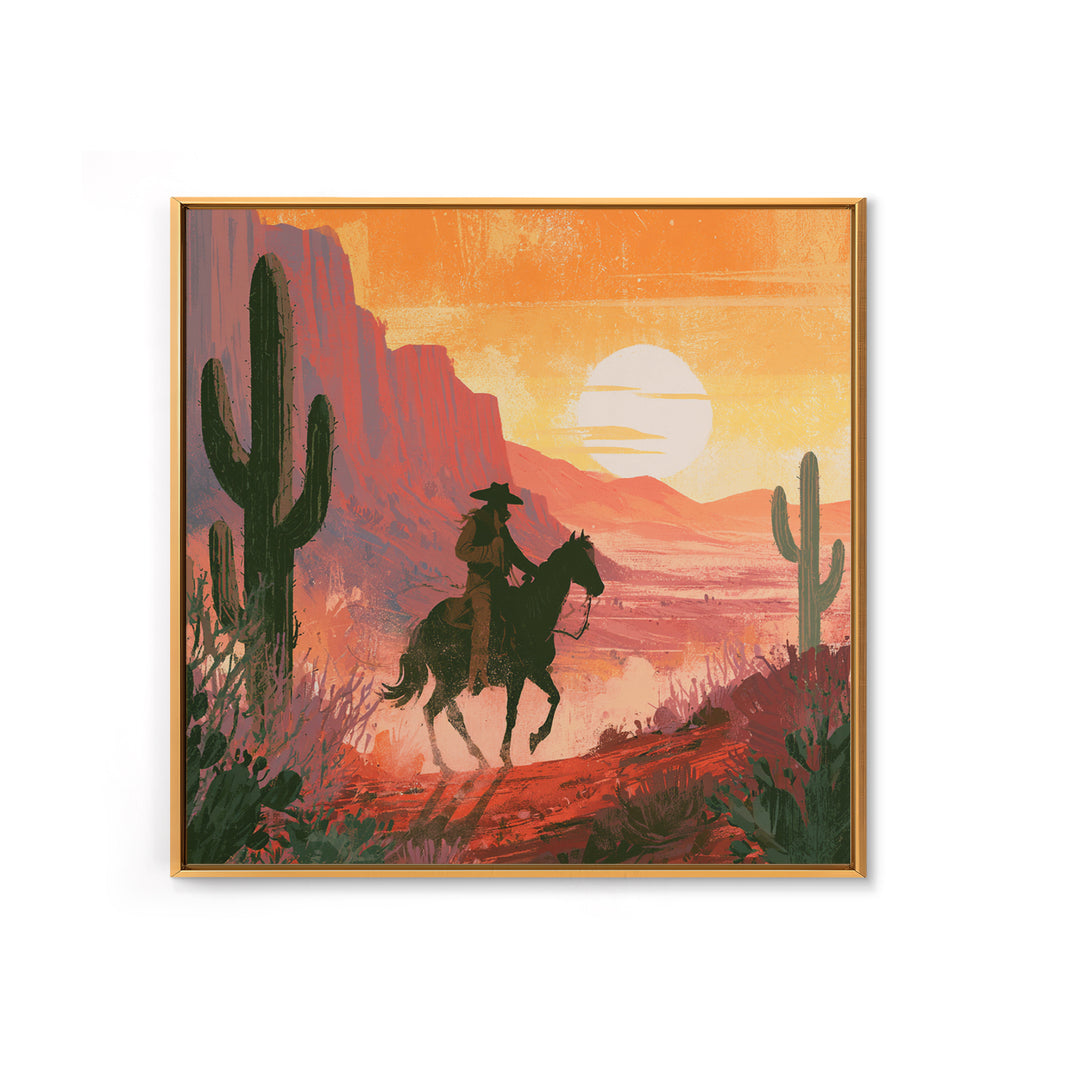 Dusty Horseback Rider at Sunset Framed Canvas Print, Desert Art, Modern Wall Art, Southwestern Decor, Fine Art, Desert, DES-1x1-47