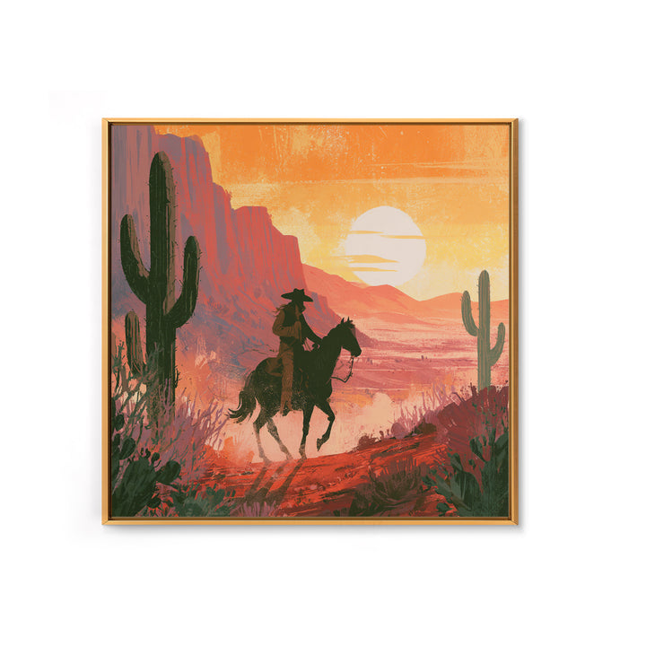 Dusty Horseback Rider at Sunset Framed Canvas Print, Desert Art, Modern Wall Art, Southwestern Decor, Fine Art, Desert, DES-1x1-47